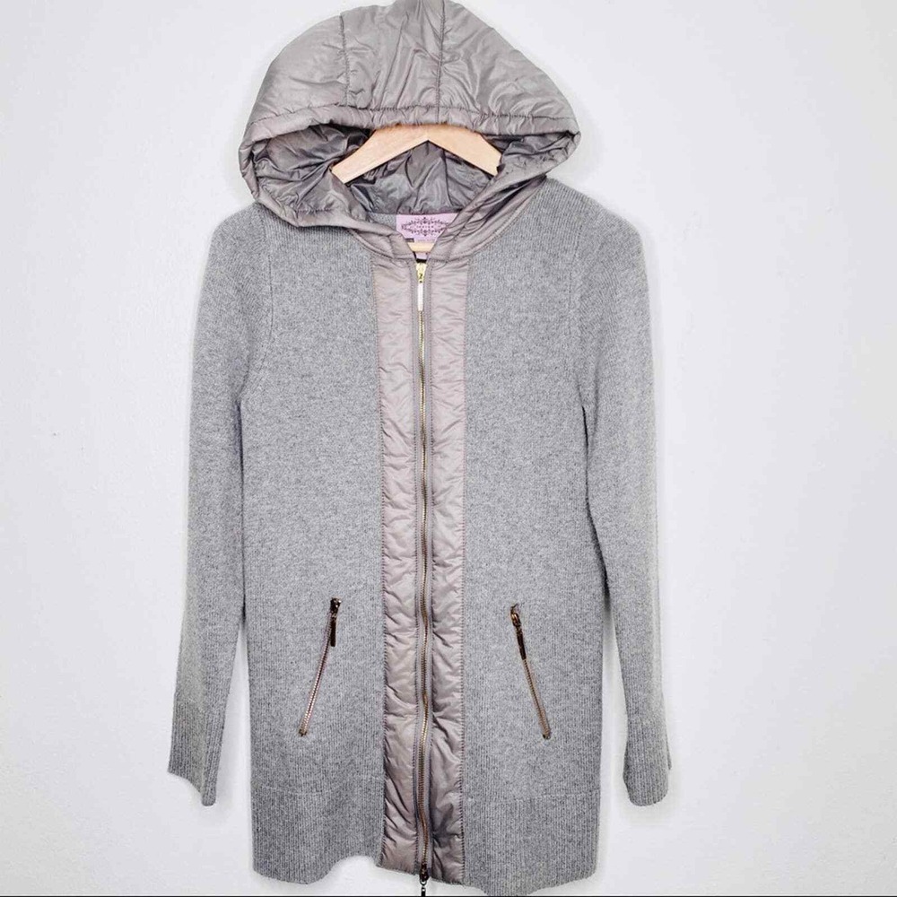 Oliver by Esst Gray Hooded Knit Cardigan Quilted Trim Zip Up Jacket Small Anthro - Picture 2 of 6